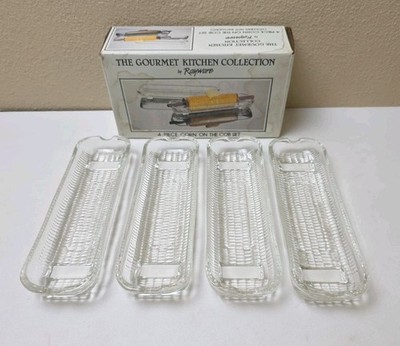 Set Of 4 Vintage Corn on the Cob Glass Holders Dishes By Rayware
