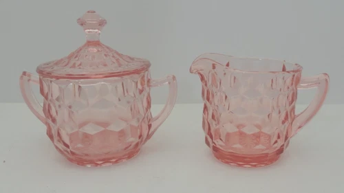 Vintage Pink Depression Jeannette Glass Creamer & Sugar W/Lid 3” Cube/“Cubist” L