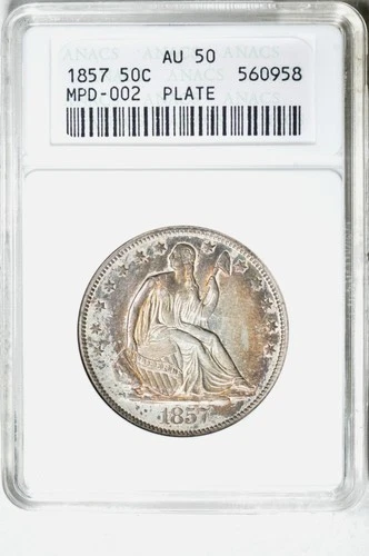 1857 50C MPD-002 PLATE Seated Liberty Half Dollar ANACS AU50