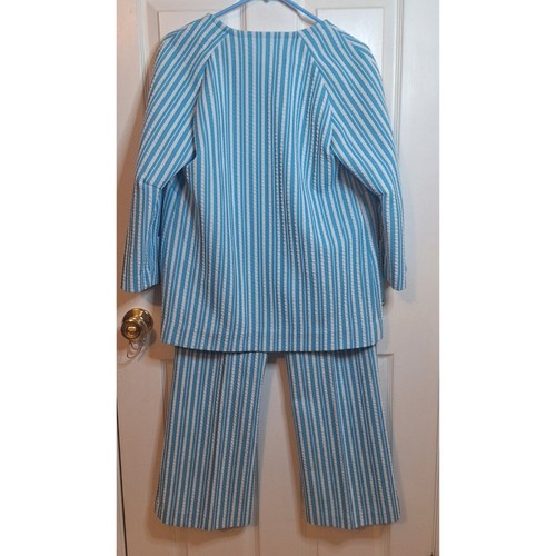 Vintage 70s Blue White Striped Mod Go Go Leisure Suit Jacket Pants Set Size M - Picture 2 of 14