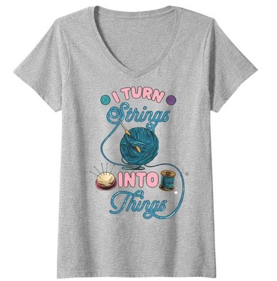 Crochet Lover Gift I Turn Strings into Things Funny Knitting  V-Neck T-Shirt