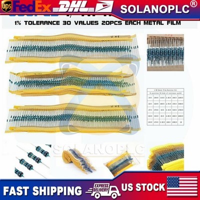600pcs 30 Values 1/4W Metal Film Resistors Resistance Assortment Kit Set 1% USA