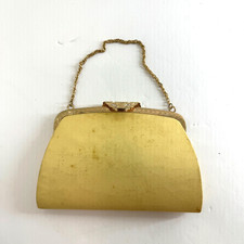 Vintage Yellow Fabric Evening Clutch Hard Shell With Gold Frame Chain Handle