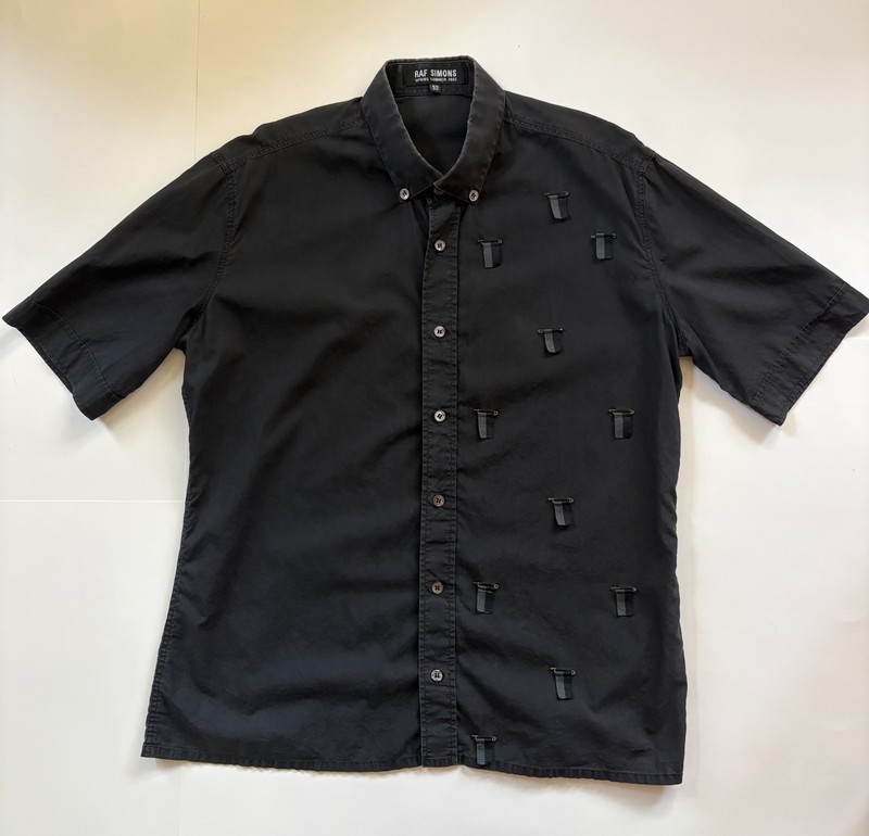 Raf Simons Spring Summer 2002 Black Short Sleeve Shirt with Grosgrain Flags Used