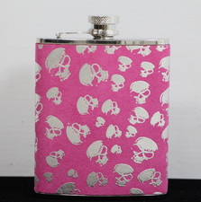 Pink and Silver - Stainless Steel - Skulls - Suede - Flask - 6 oz.