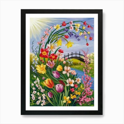 Tulpen und Brücke Kunstdruck gerahmt Wandbild Poster Leinwanddruck Bild