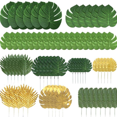 72 Pieces 10 Kinds Artificial Palm Leaves Golden Tropical Leaves with Stems J...