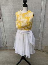 Jack Bryan Designed by Dupuis 60s Dress M Yellow Embroidery White Chiffon Skirt