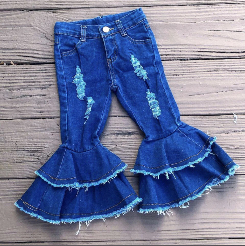 Girls Bell Denim Jeans Double Ruffle Flare Pants Blue