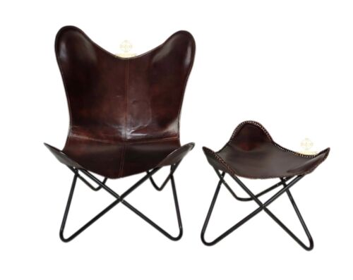 Relaxing Leather Butterfly Chair & Ottoman-Indian Leather Chair & Stool PL2-289