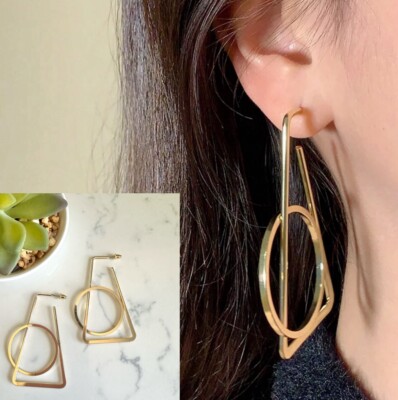 Gold Line Geometric Earrings Trapezoid Circle Hoop Shapes Boho Jewelry Gift NEW