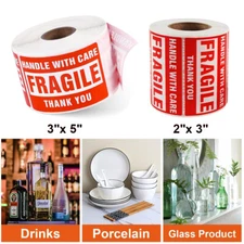 2x3 3x5 Fragile Stickers 500/Roll "HANDLE WITH CARE THANK YOU" Warning Labels US