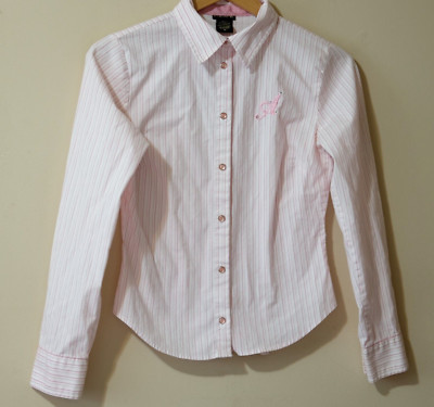 F.A.N.G Shirt Women's M Pink Stripe Collared Fitted Button Up Stretch #p36-30