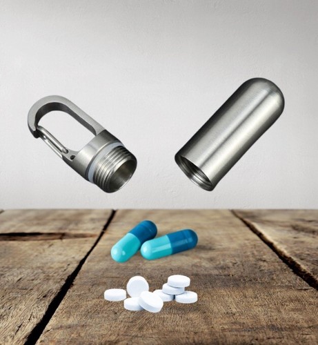 KeyChain Travel Pill Storage Case Stainless Steel Water, Break Proof OutdoorCamp - 第 1/9 張圖片