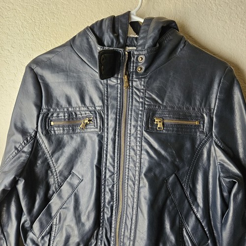 BB Winter Jacket Youth Girl L Navy Faux Leather Full Zip Hooded Pockets Fleece - Picture 2 of 8
