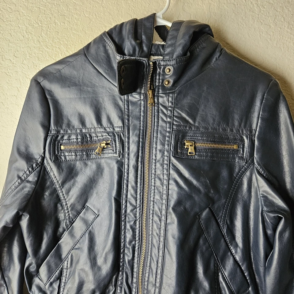 BB Winter Jacket Youth Girl L Navy Faux Leather Full Zip Hooded Pockets Fleece - Image 2 of 4