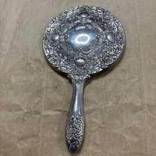 Antique Vintage Beautiful Silver Plated 9” Ornate Vanity Hand Held Mirror Heavy