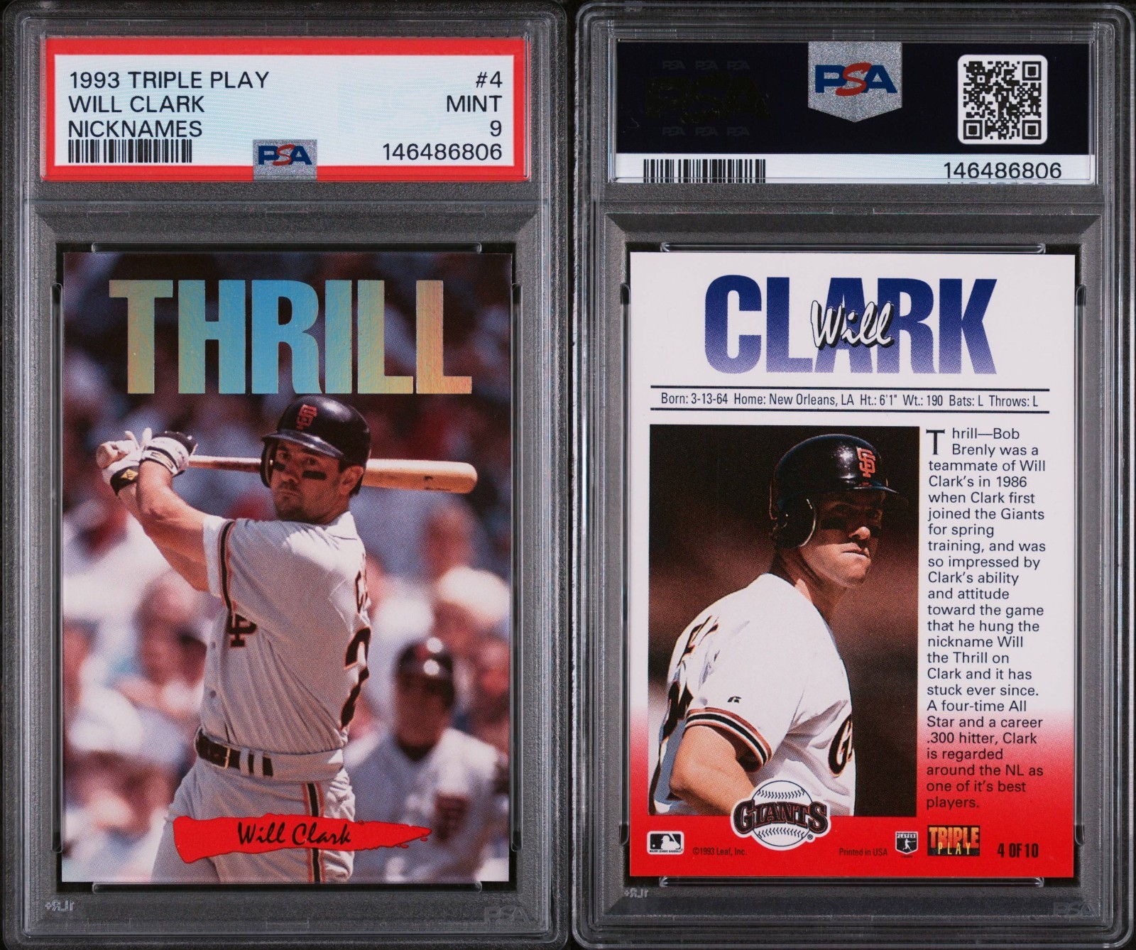 1993 DONRUSS TRIPLE PLAY NICKNAMES #4 WILL THE THRILL CLARK PSA 9 MINT