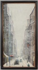 Antique American Impressionist Winter NYC New York City American Flag Painting