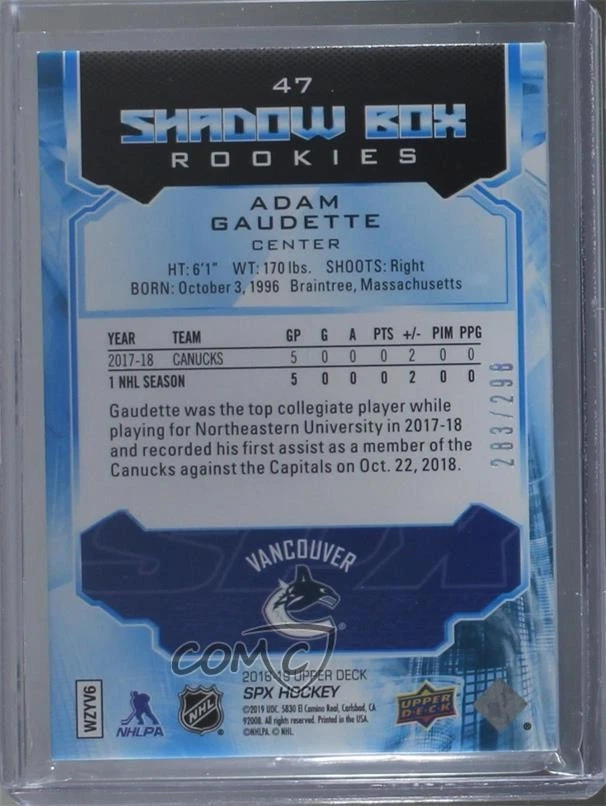 2018-19 SPx Shadow Box Rookies /298 Adam Gaudette #47 Rookie RC - Image 2 of 2