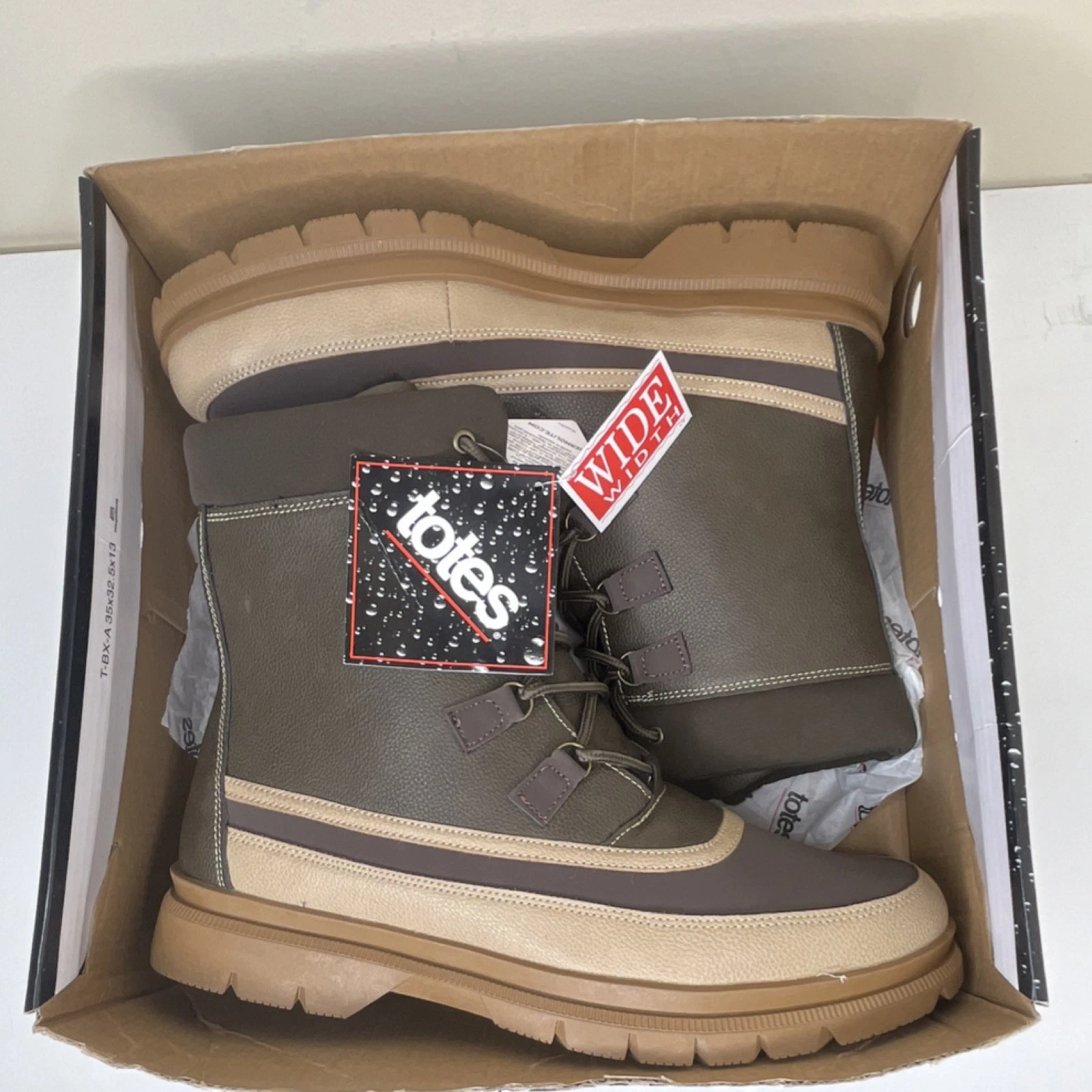 Totes Snow Boots Men’s 12W Wide Olive Insulated Lace Up Faux Fur Mid-Calf NWB