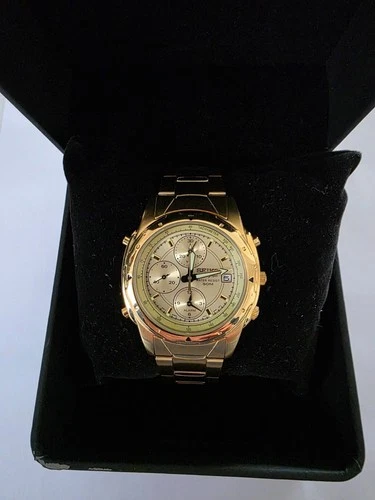 New Unworn 90s Vintage ALARM CHRONOGRAPH Watch SEIKO Gold 7T32-6M59 EXC COND