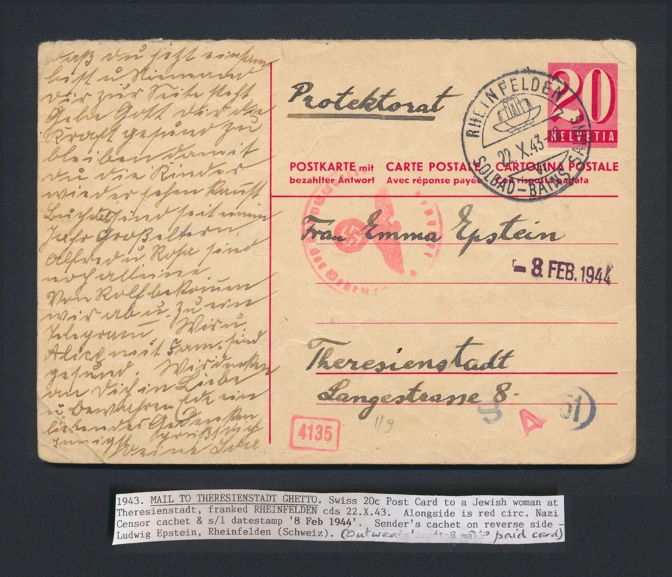 1943 SWITZERLAND TO THERESIENSTADT POSTCARD GHETTO POST GERMAN CZECHOSLOVAKIA - Image 2 of 4