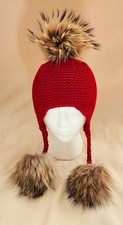 Red Stretch Knit Hat Baby Toddler Child Genuine Raccoon Fur Pom Pom Removable