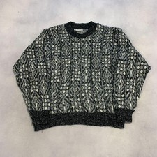 Vintage Abstract Knitted Jumper Patterned Grandad Chunky Knit Sweater Men's L