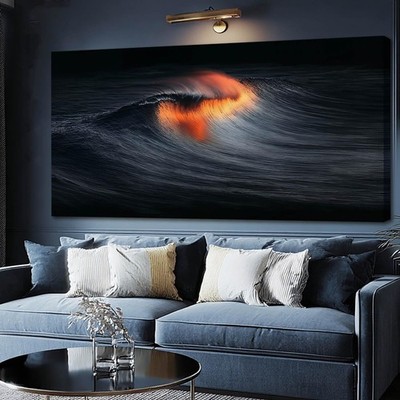 YETHEN WAL Dark Ocean Wave Wall Art Sunset Fire Canvas Prints Abstract Seasca...
