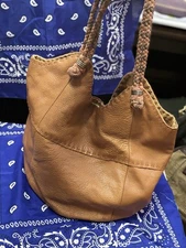 The Sak Shoulder Bucket Hobo Bag Brown Leather Braided Handle Backstitched