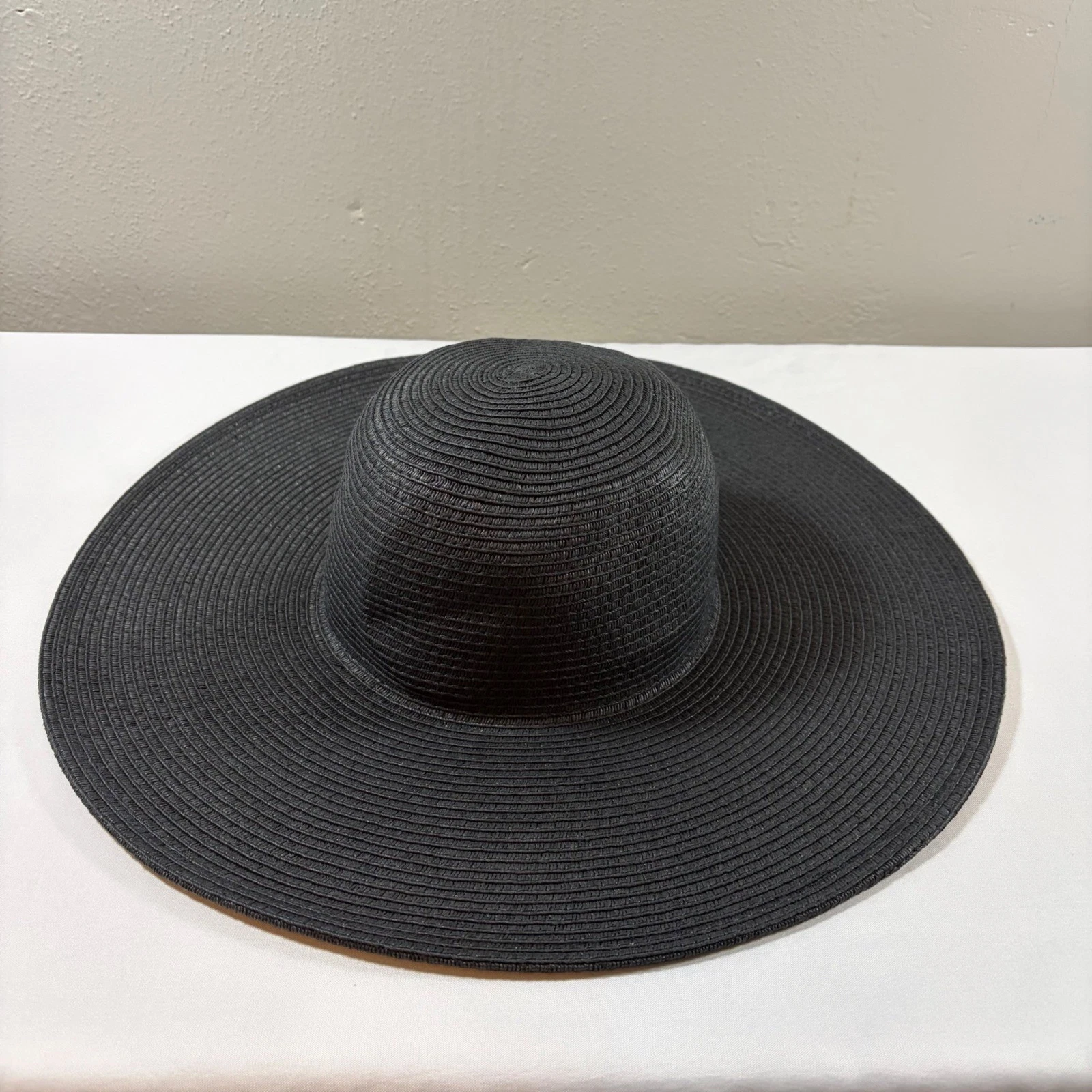J.Crew Womens Black Paper Straw Wide Brim Floppy Sun Hat Polka Dot Trim One Size