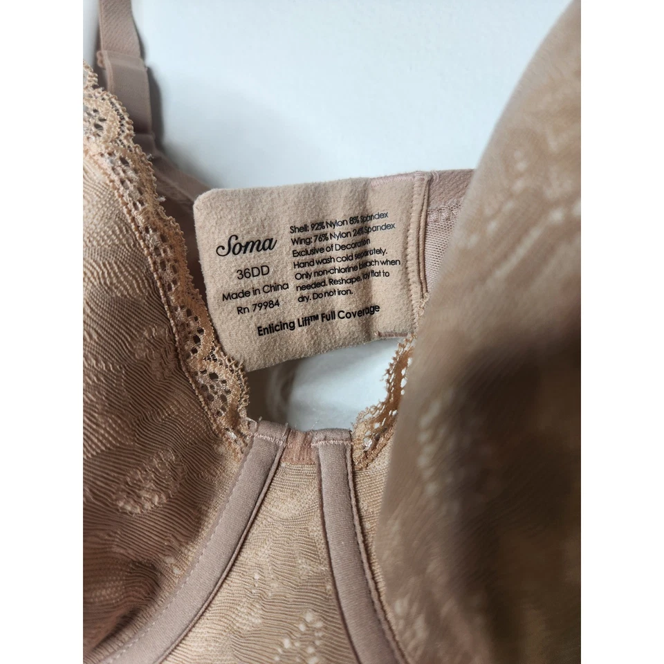 Soma 36DD Enticing Lift Full Coverage Bra Beige Floral Lace Comfort - Image 2 of 4