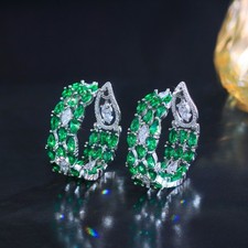 Silver Plated Green Cubic Zirconia Wide Circle Hoop Earrings Women Party Jewelry