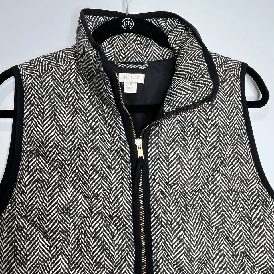 J Crew Vest Womens Medium Black Herringbone Puffer Vest Mock Neck Full Zip Front - Image 4 of 4