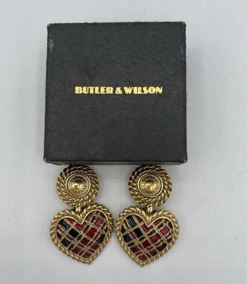 BUTLER & WILSON Tartan Heart Shape Drop 80’s Clip On Earrings — 第 3/4 张图片