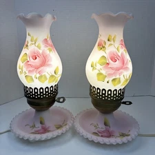 PAIR Vtg Pink Milk Glass Hurricane Boudoir Lamps Hand Painted Roses GWTW