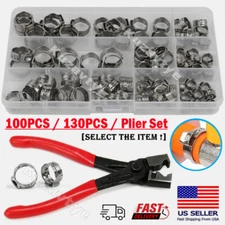 100/130Pcs Stepless Fuel Hose Clamps or Plier Kit Stainless Steel Single Ear Set