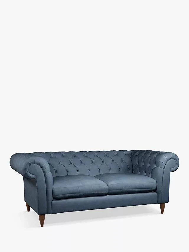 John Lewis Cromwell Soft Touch Blue Leather 3 Seater Chesterfield