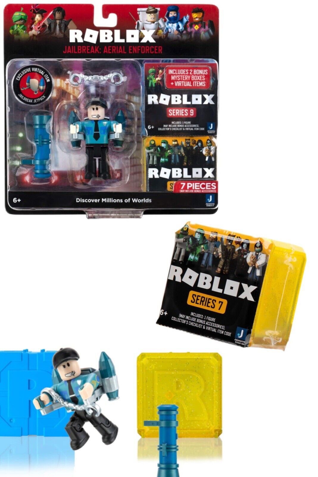 Roblox Action Collection – Jailbreak: Pacote de figuras aéreas Enforcer +  Pacote de dois bonecos misteriosos [Inclui 3 itens virtuais exclusivos] :  : Brinquedos e Jogos