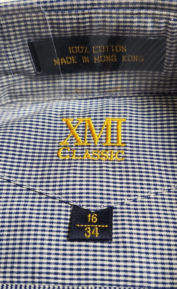 Camisa de vestir XMI clásica azul a cuadros para hombre 100 % algodón talla 16/34 Foto 4 de 4