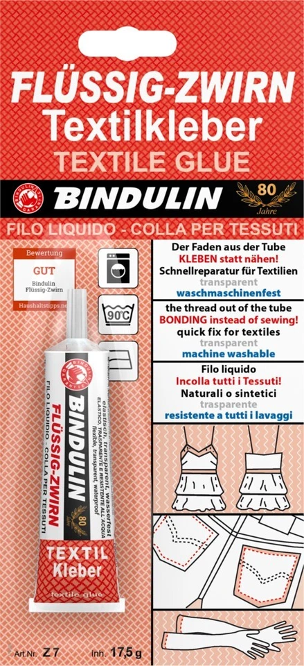 BINDULIN Flüssig-Zwirn Textilkleber 17,5g Kleben statt Nähen Gewebekleber Z7