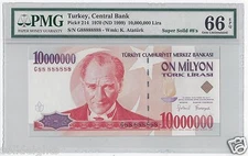 1999 TURKEY 10000000 LIRA  #G88 888888  PMG-66 GEM UNCIRCULATED  SUPER SOLID 8's