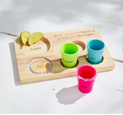 Tequila Shot Glasses & Board Wood Serving Tray Party Mud Pie Cinco De Mayo NEW