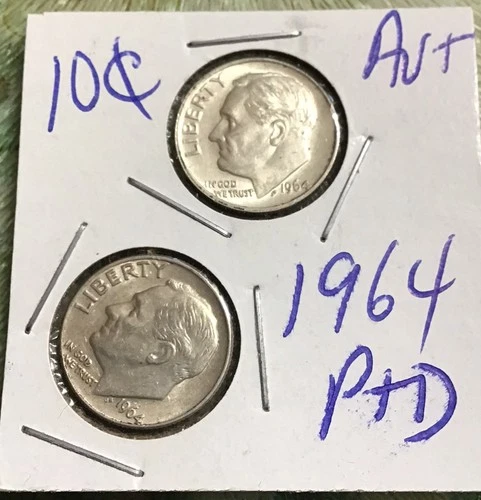 1964 P D Roosevelt Dime AU+ Year Set 90% Silver 2 Coin Lot