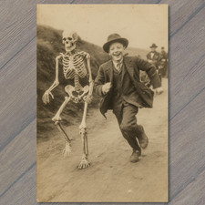 STICKER Boy Running Beside Skeleton Halloween Creepy Whimsical Retro Humor
