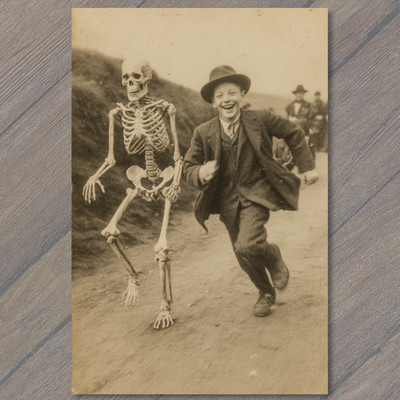 STICKER Boy Running Beside Skeleton Halloween Creepy Whimsical Retro Humor