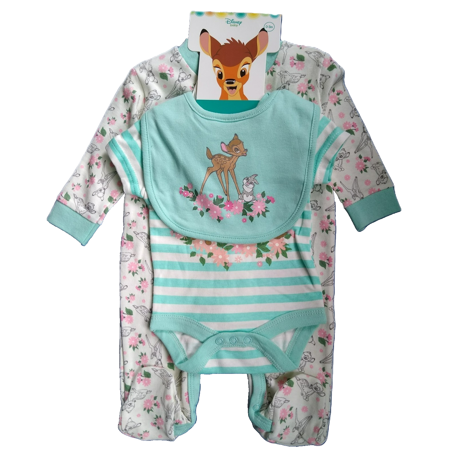 Disney Baby Girl Layette Set 0-3 Months Bambi Starter Outfit Romper Bodysuit Bib