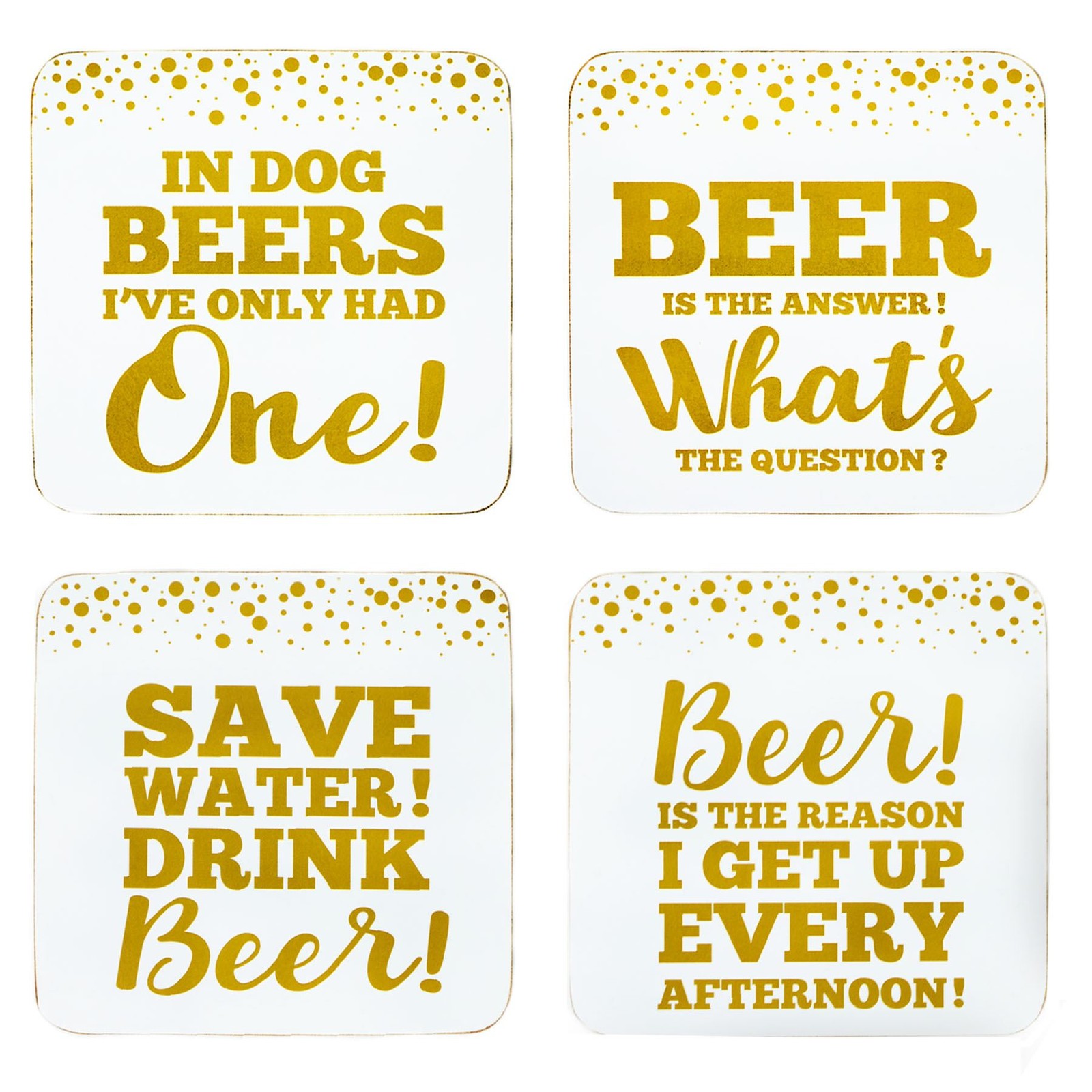 Gold Square Slogan Drinks Coasters Set 4 Humorous Beer Themed Novelty Mats