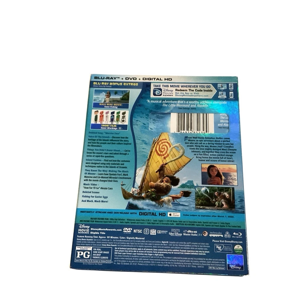 Moana 2017 Blu-Ray and DVD Combo Pack Auli'i Cravalho No Digital Copy Disney - Image 3 of 4